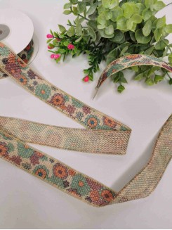 Лента из мешковины с рисунком "Цветы" 2,5см. (мультиколор), метр